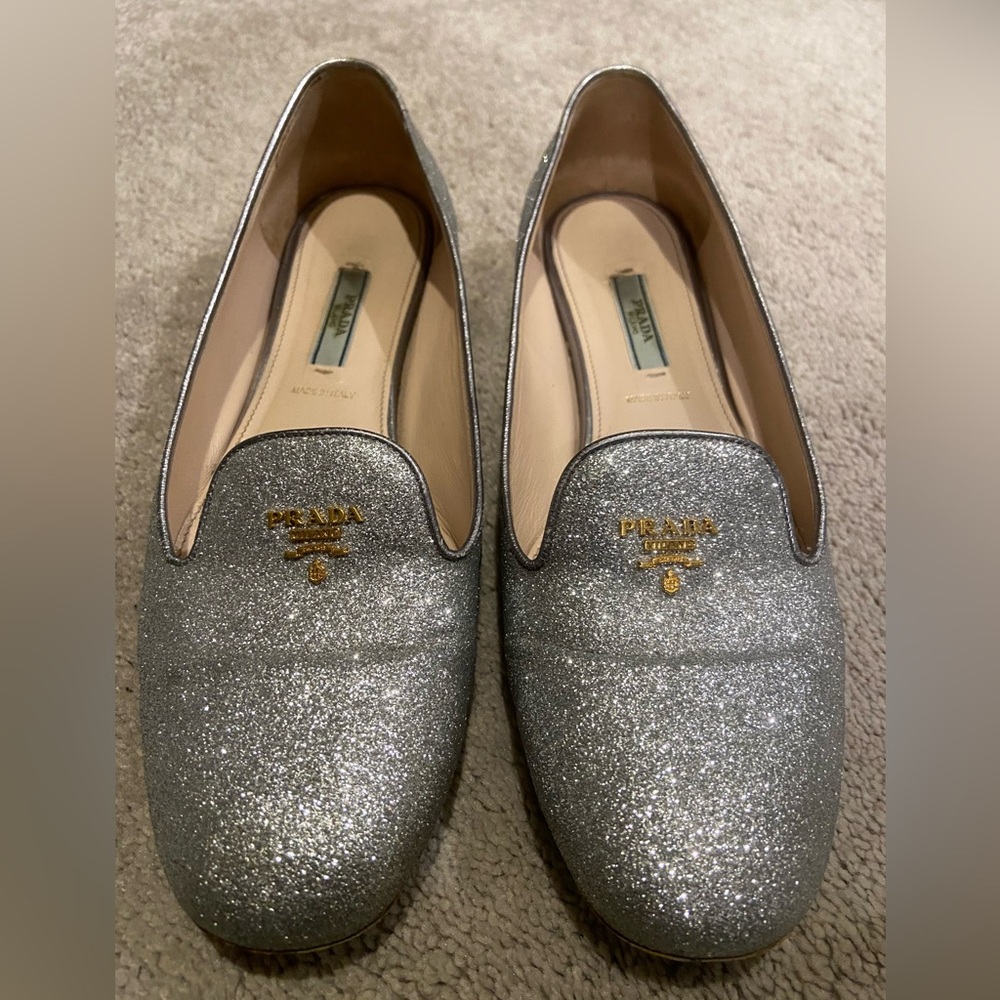 Vintage Prada Silver Sparkle Flat Loafers - Picture 13 of 16